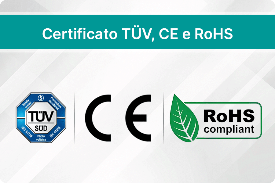 Marchi di certificazione internazionale TÜV, CE e RoHS su moduli fotovoltaici, indicativi della conformità agli standard IEC di sicurezza e qualità