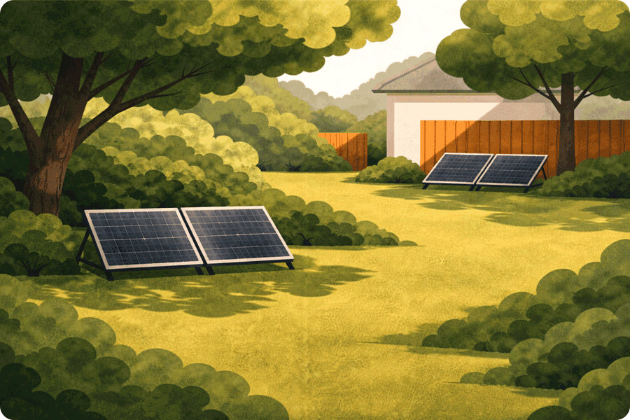 Ogród z wyraźnym zacienieniem, który nie nadaje się do priorytetowego montażu fotowoltaiki ogrodowej.