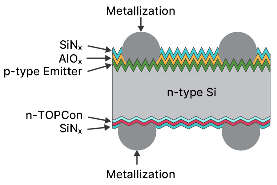 Schemat metalizacji ogniwa TOPCon, pokazujący emiter, warstwy pasywacyjne oraz kontakty przednie i tylne w transporcie prądu.