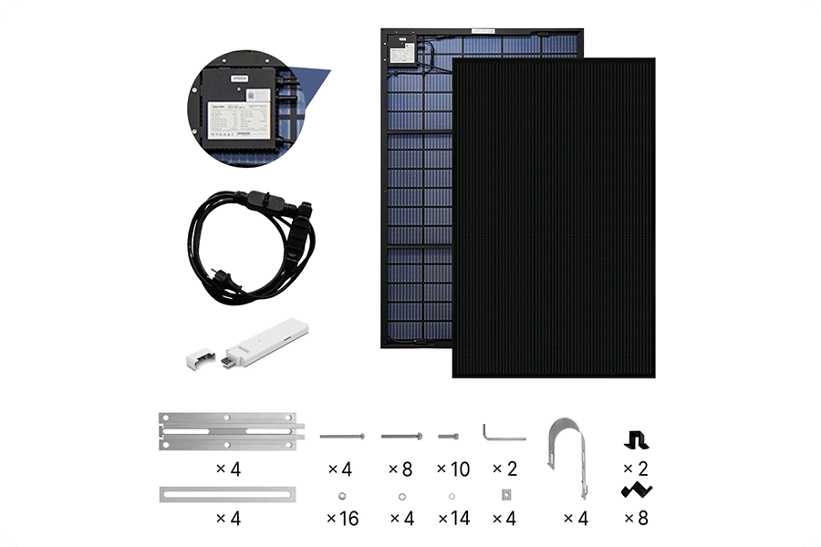 Ein Balkonkraftwerk besteht aus Photovoltaikmodulen, einem Mikro-Wechselrichter und einem Stecker zum Anschluss an das Hausstromnetz.