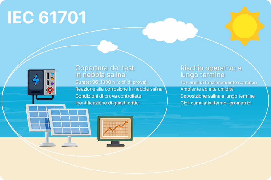 schema comparativo tra la copertura del test IEC 61701 e la scala temporale dei rischi operativi a lungo termine in ambienti costieri e umidi.