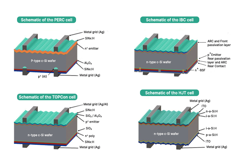 Zellstrukturen von PERC, TOPCon, HJT und IBC – der technologische Übergang von p-Typ zu n-Typ mit dem Ziel, Solarmodule effizienter, stabiler und schneller rentabel zu machen.