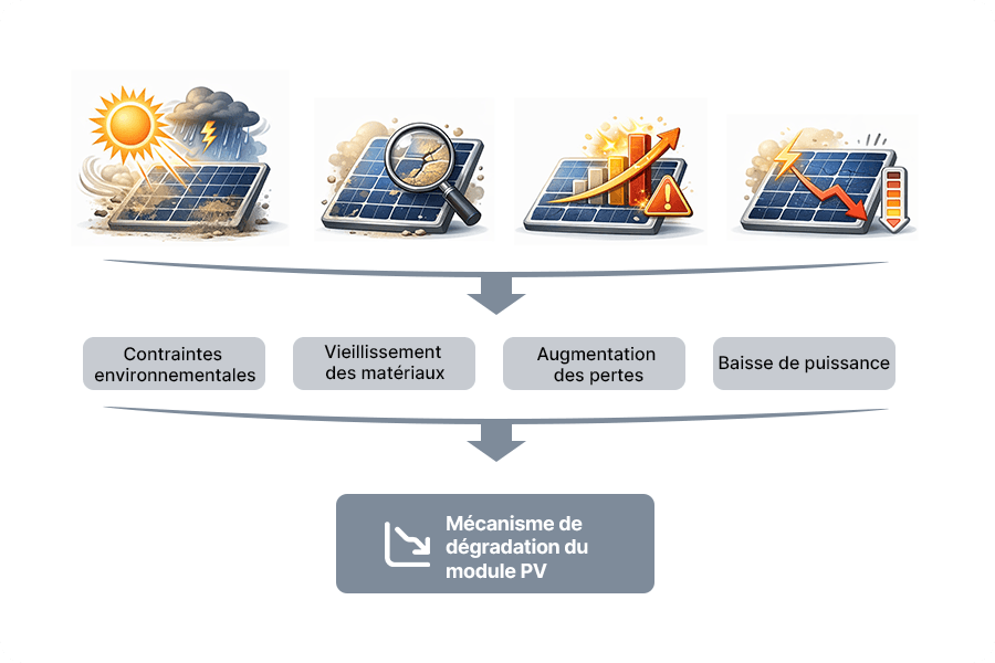 Schéma du mécanisme de dégradation de l’efficacité des panneaux photovoltaïques, montrant comment les contraintes environnementales, le vieillissement des matériaux et l’augmentation des pertes résistives peuvent réduire la production d’un panneau solaire.