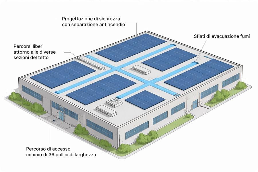 Schema di sicurezza antincendio di un impianto fotovoltaico su tetto commerciale, con corridoi di manutenzione, compartimentazioni e vie di evacuazione fumi