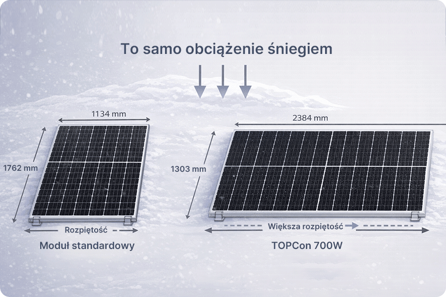 Różnice rozpiętości konstrukcyjnej i rozkładu obciążeń modułów PV o różnych wymiarach przy tym samym obciążeniu śniegiem