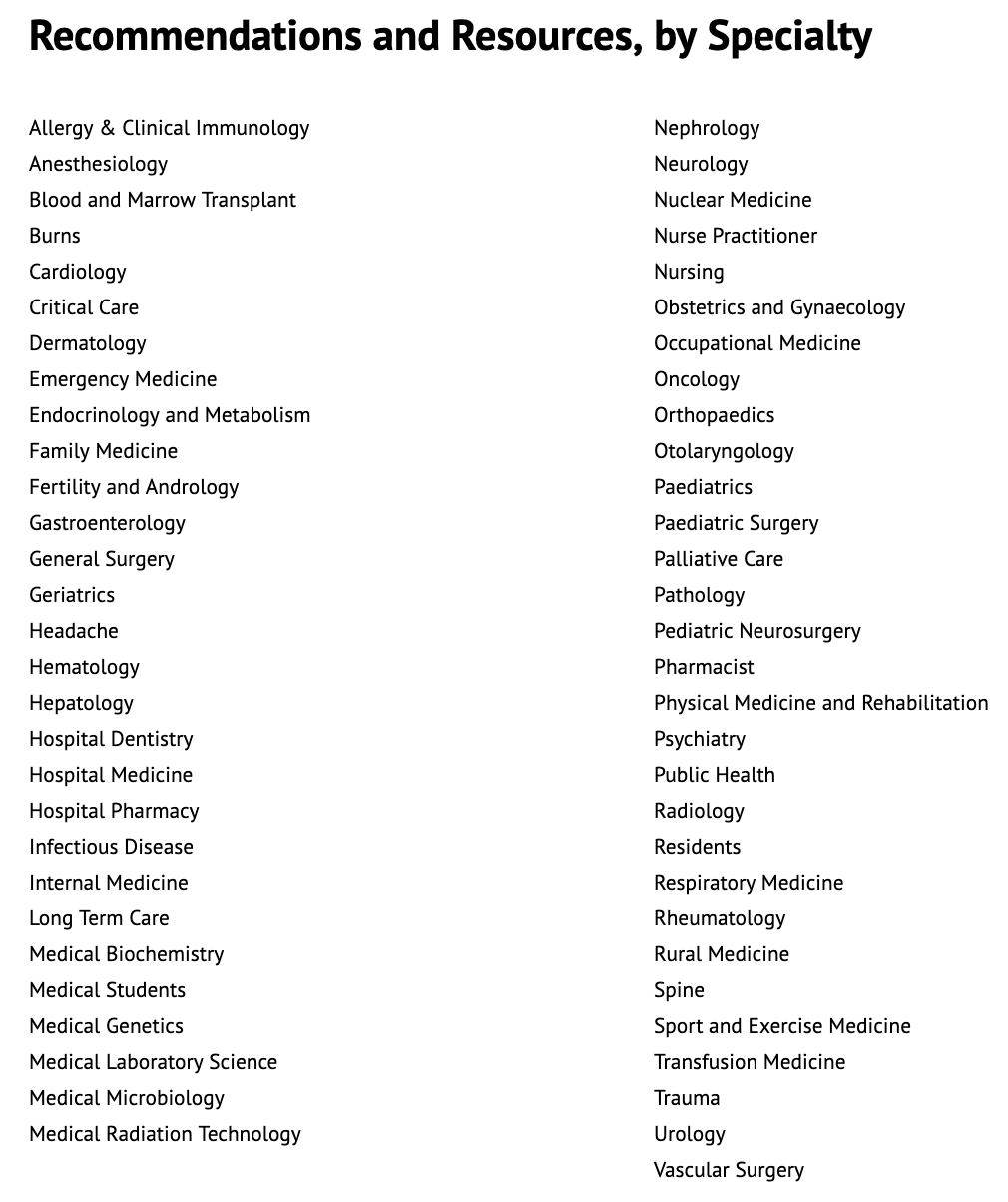 Choosing Wisely Canada Recommendations and Resources, by Specialty