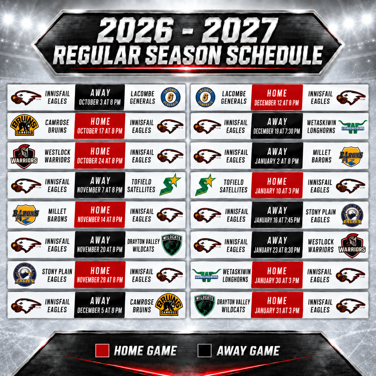 Innisfail Eagles 2026-27 game schedule Innisfail Eagles 2026-27 game schedule