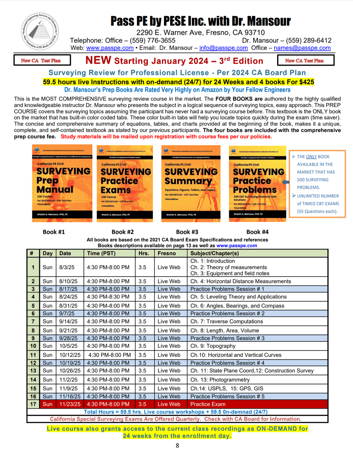 Surveying California PE Schedule