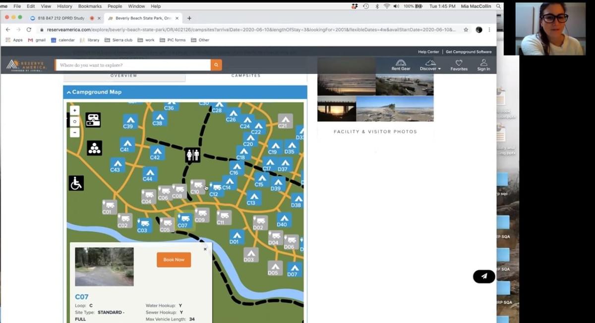 A participant attempts to make a reservation on the Oregon Parks and Recreation website, while I take notes
