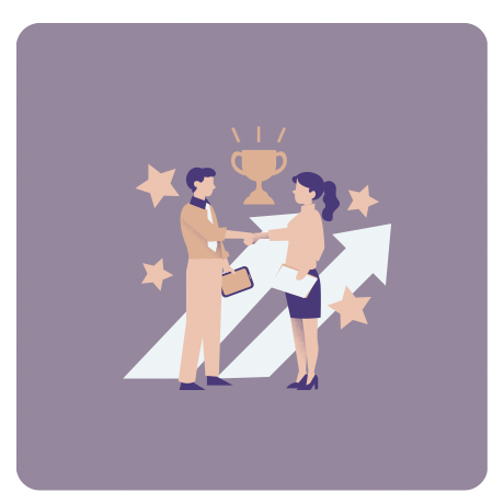 A man shaking a woman’s hand presenting her a parent award with clip board in other hand. Trophy and starts in the background setting. 