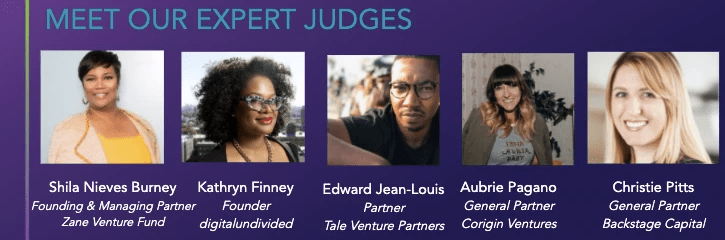 Expert Judges for Startup of the Year Online Pitch Event Celebrating Black Founders, included Shila Nieves Burney (Zane Venture Fund); Edward Jean-Louis (Tale Venture Partners); Aubrie Pagano (Corigin Ventures); and Christie Pitts (Backstage Capital)