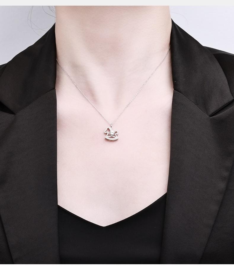 S925 sterling silver fairy tale wooden horse necklace  cute  artistic moissanite silver necklace
