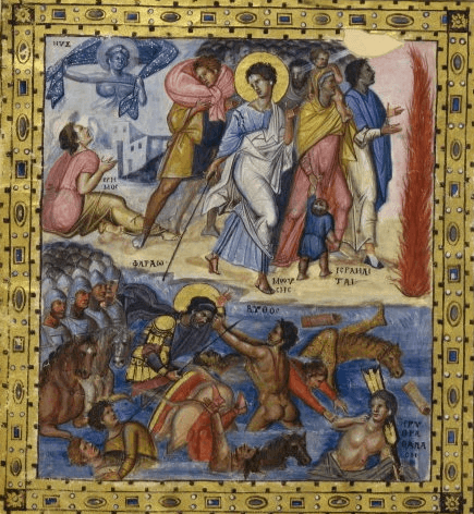 摩西穿越紅海。法老的軍隊正在被淹沒。（取自Wikipedia）