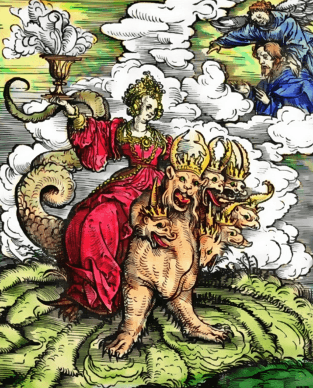 漢斯‧伯格邁爾(Hans Burgkmair ) 於 1523 年為馬丁路德翻譯的新約聖經創作的木刻版畫，描繪了巴比倫的淫婦騎著七頭野獸。（取自wikimedia.org）