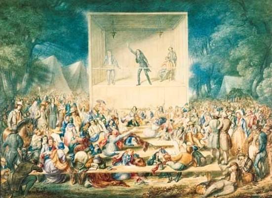 1839年美國宗教復興運動，水彩畫，描繪了1839年的第二次大覺醒運動。該版畫於19世紀40年代在美國製作。（取自Wikipedia）