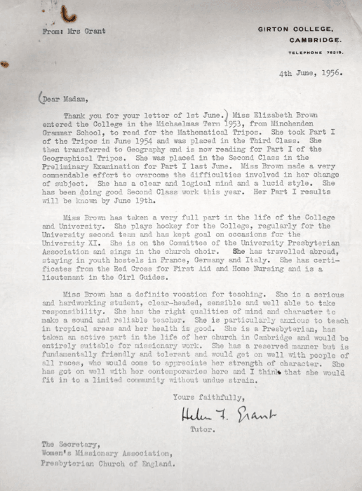 劍橋大學格頓學院（Girton College, Cambridge）回覆英國長老教會女宣道會（Women's Missionary Association，WMA）包珮玉牧師的學習記錄。 提到包珮玉很用功，也很投入大學生活，是大學長老會團契（University Presbyterian Association）的成員。有紅十字會急救員及居家照護員證書。簽署者格頓學院的秘書海倫格蘭特女士（Mrs. Helen F. Grant）認為，她絕對具有教師資格，她的能力強，用功，負責任，是可信賴的未來老師。相信她能勝任宣教師的工作。取自彰基文史博物館文史資料庫