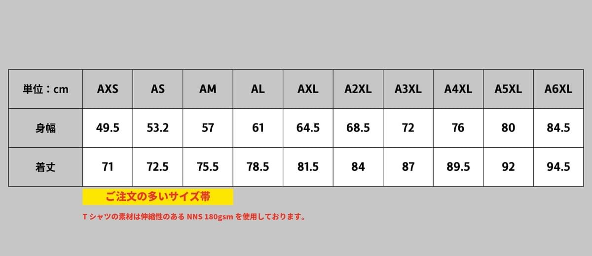 昇華Tシャツサイズ表(大人) 昇華Tシャツサイズ表(大人)