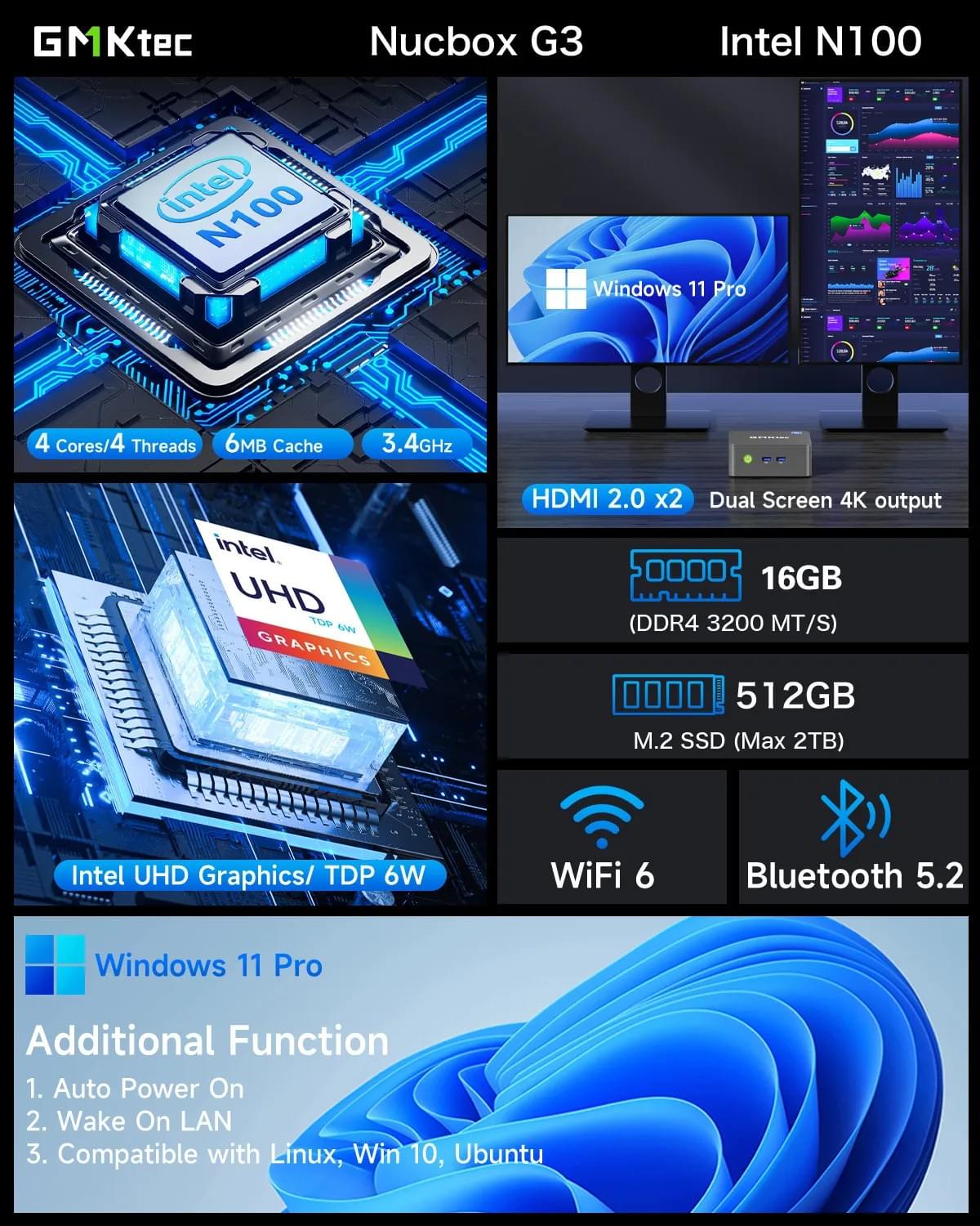 GMKtec NucBox G3 Plus N150 迷你電腦 - 16GB RAM +512 GB / 1 TB SSD + Win 11 Pro