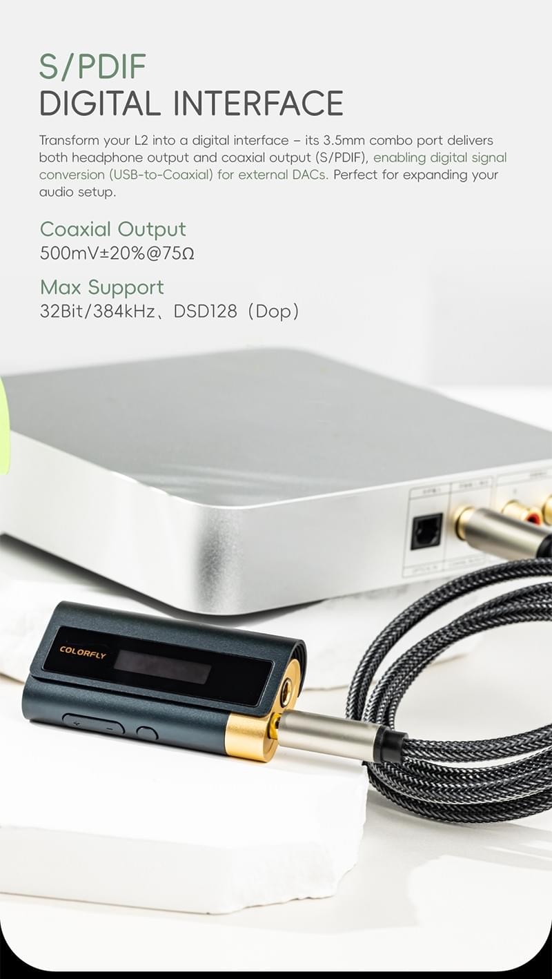 [COLORFLY] PCM 32ビット/768キロヘルツのDSD512エンコードに対応したL2 USB DACアンプ、ES9039Q2Mチップを採用し、3.5ミリと4.4ミリのインターフェイスを備え