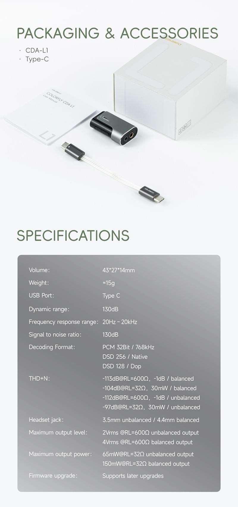 Colorfly L1 Portable HiFi Dac Headphone Amp PCM 32bit/768kHz with USB Input and 3.5mm/4.4m