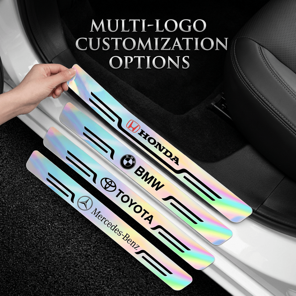 Universal Laser Mirror Car Door Sill Protection Strips — Scratch-Resistant & Acrylic Logo