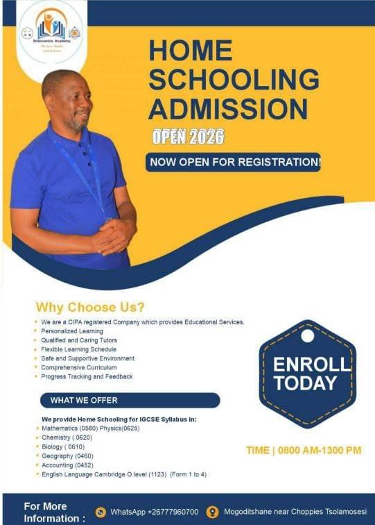 We provide Homeschooling and Tutorial lessons @ Psle level, Cambridge Primary,Bjc,Bgcse,Zimsec and IGCSE.
Main Subjects on offer: Mathematics, Biology, Chemistry, Physics, Accounting,Geography and English Language.
Main Curriculum for Homeschooling: IGCSE Syllabus We provide Homeschooling and Tutorial lessons @ Psle level, Cambridge Primary,Bjc,Bgcse,Zimsec and IGCSE.
Main Subjects on offer: Mathematics, Biology, Chemistry, Physics, Accounting,Geography and English Language.
Main Curriculum for Homeschooling: IGCSE Syllabus