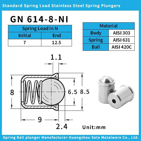 GN 614-8-NI Standard Spring Load Stainless Steel Spring Plungers with Ball