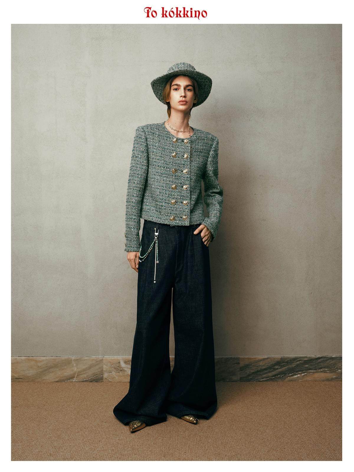 tokokkino* Double-Breasted Green-and-Gold Tweed Jacket