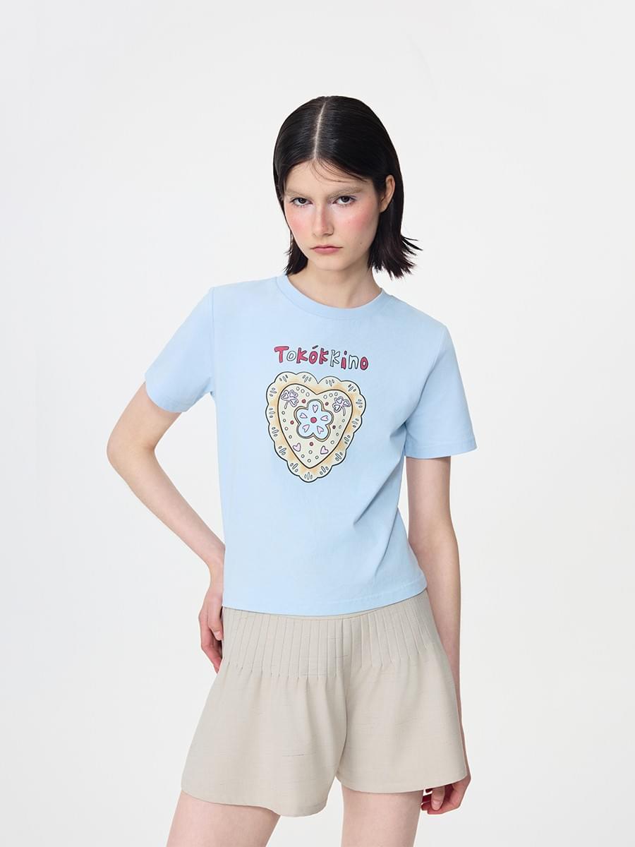 TOKOKKINO* Blue Love Heart Printed Short-Sleeved Shirt