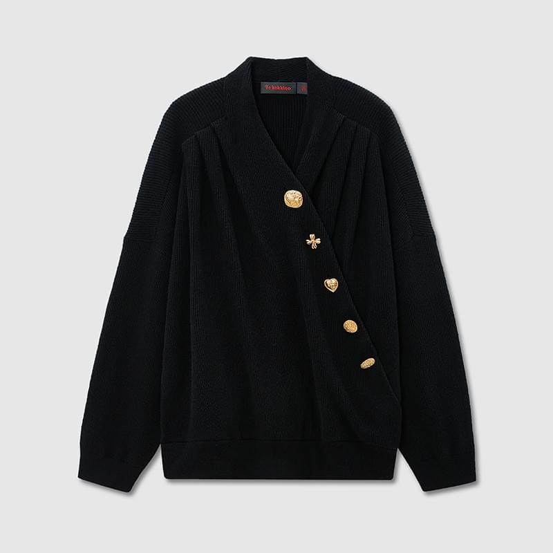 tokokkino* Black-Gold Wool Stand-Collar Off-Shoulder Reversible Sweater