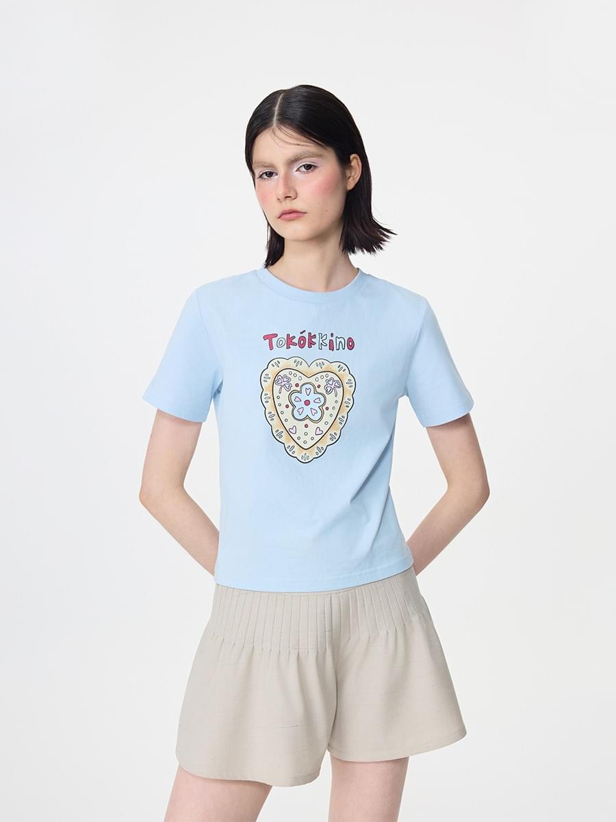 TOKOKKINO* Blue Love Heart Printed Short-Sleeved Shirt