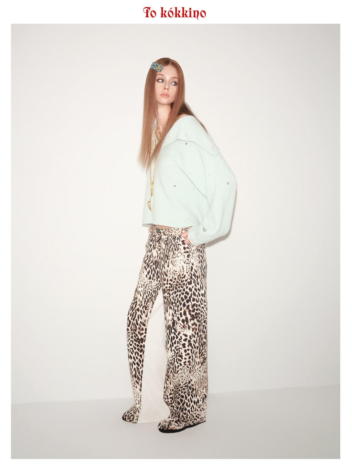 tokokkino*「White Leopard」 Leopard Print Patchwork Straight-leg Pants
