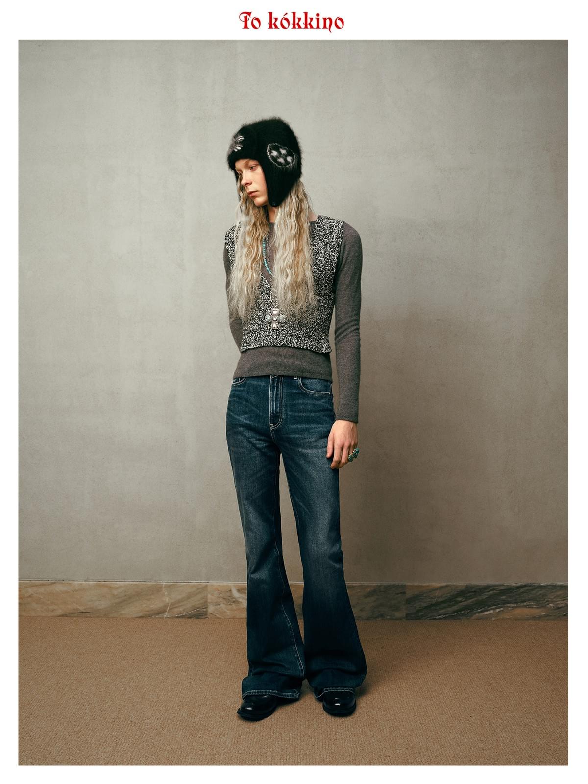 tokokkino* Mid-Rise Pleated Loose Dark Straight Leg Pants