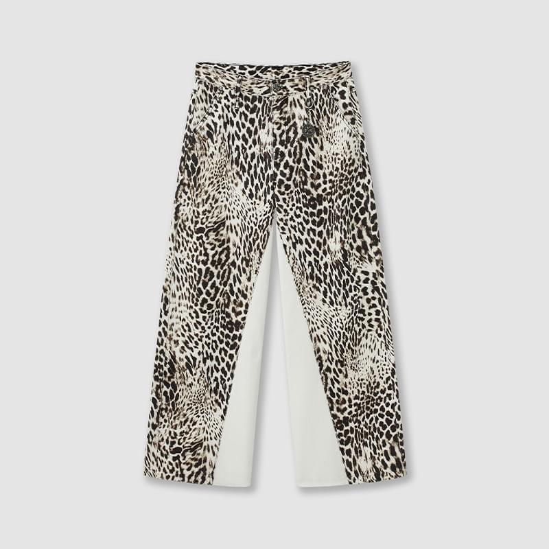 tokokkino*「White Leopard」 Leopard Print Patchwork Straight-leg Pants