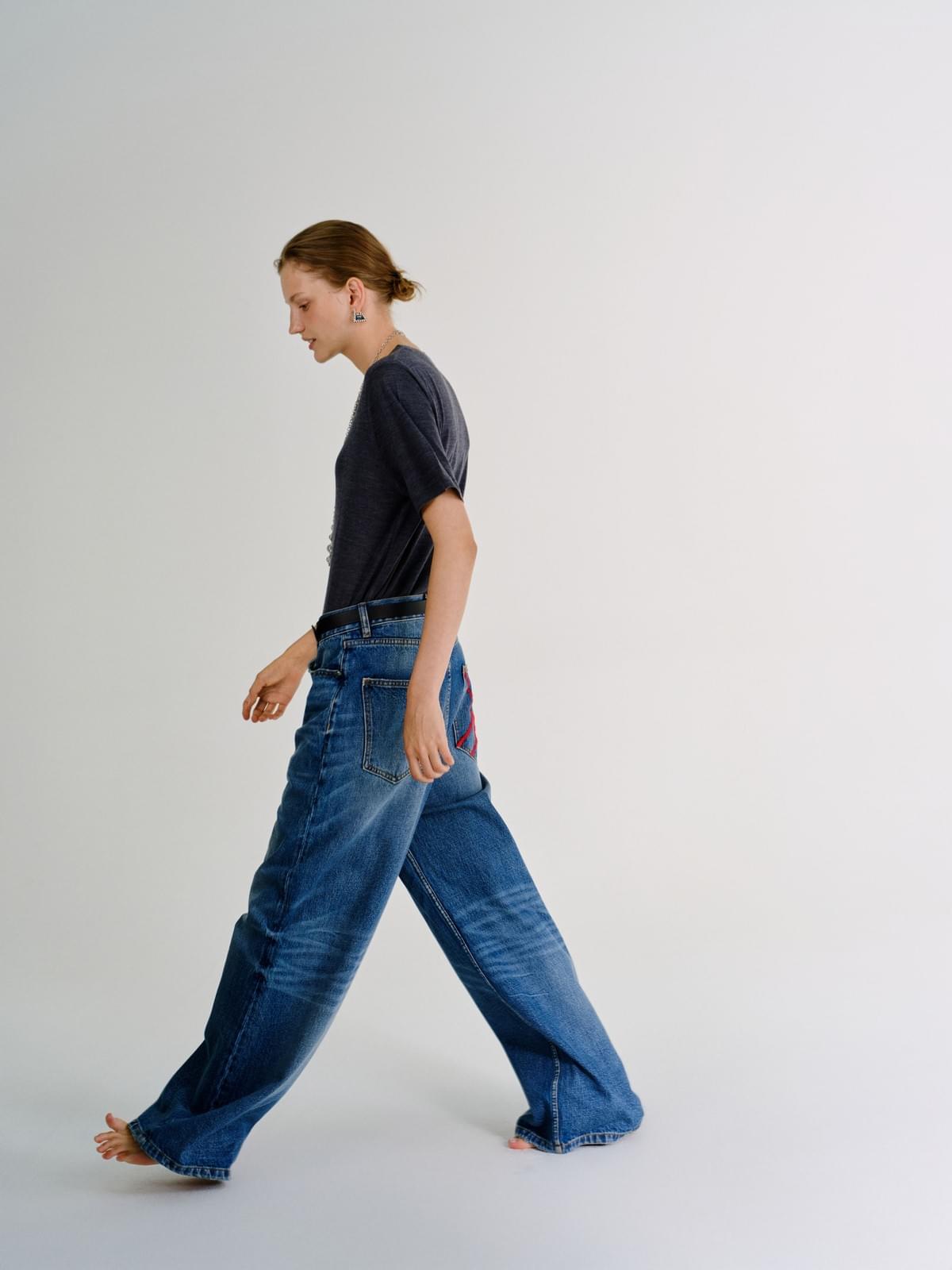 Blue washed hemp rope embroidered jeans