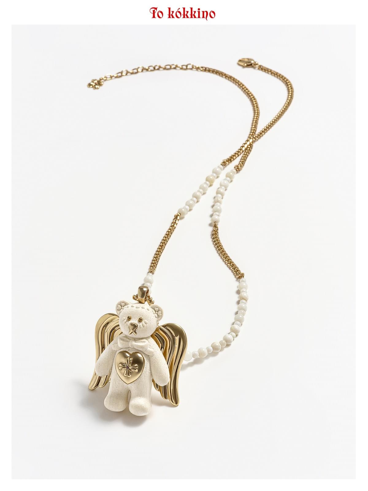 tokokkino* Wooden Angel Pearl Bear Necklace