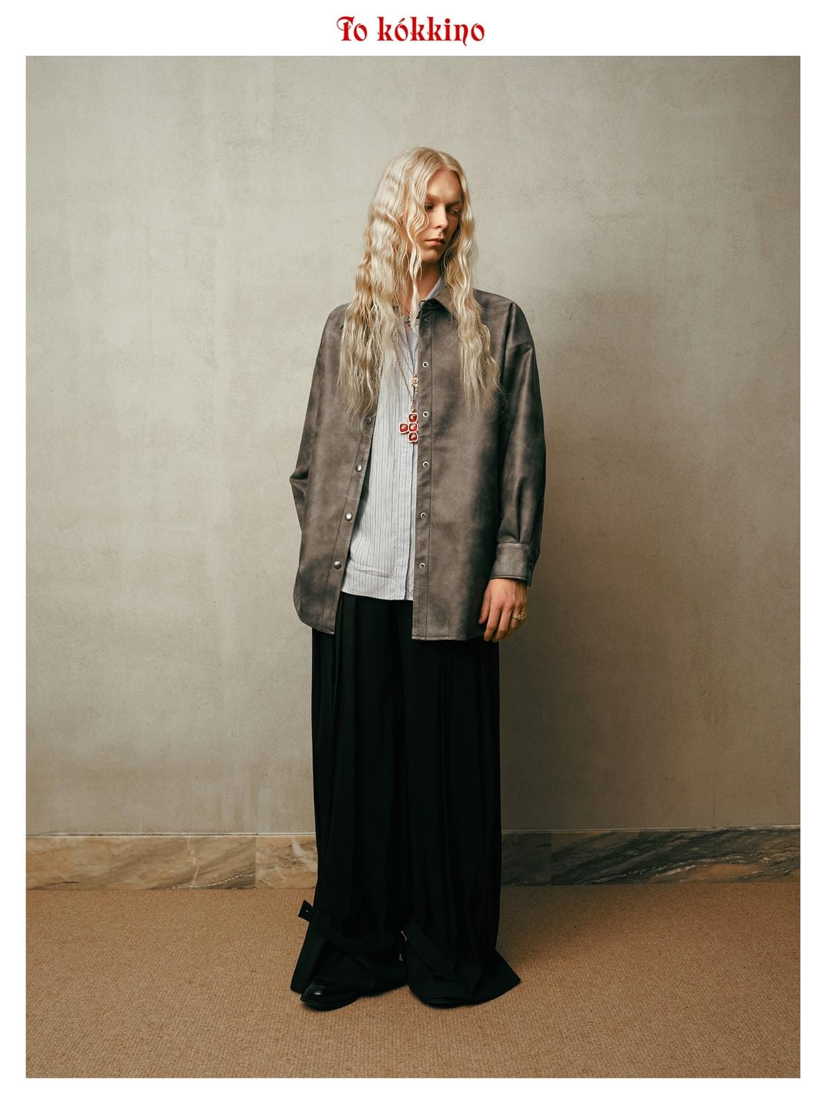 tokokkino* Eco-Friendly Loose Fit Distressed Leather Shirt Jacket