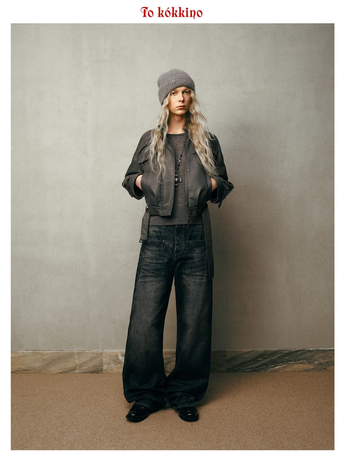 tokokkino* Dark Blue Low-Rise Loose Straight-Leg Pants