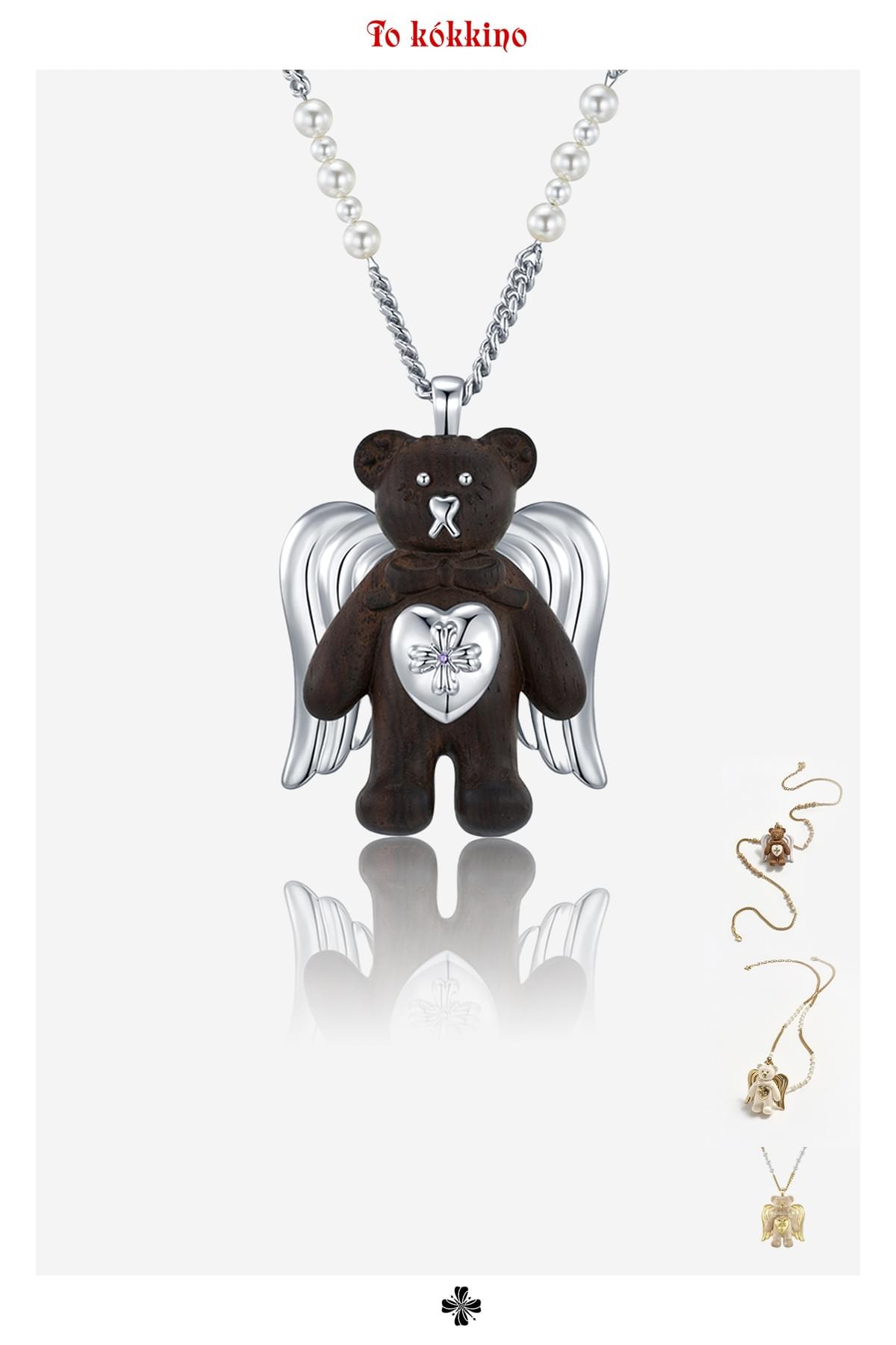 tokokkino* Wooden Angel Pearl Bear Necklace