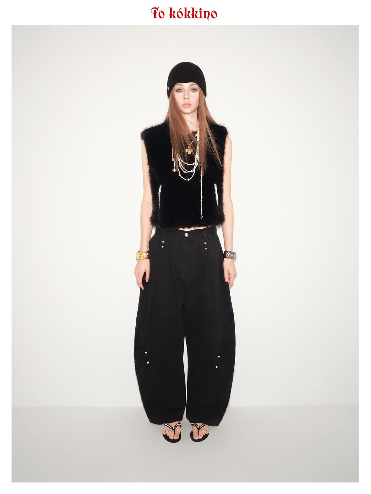 tokokkino*「Black Studs」 Black Stud Hand-stitched Cropped Kick Flare Pants