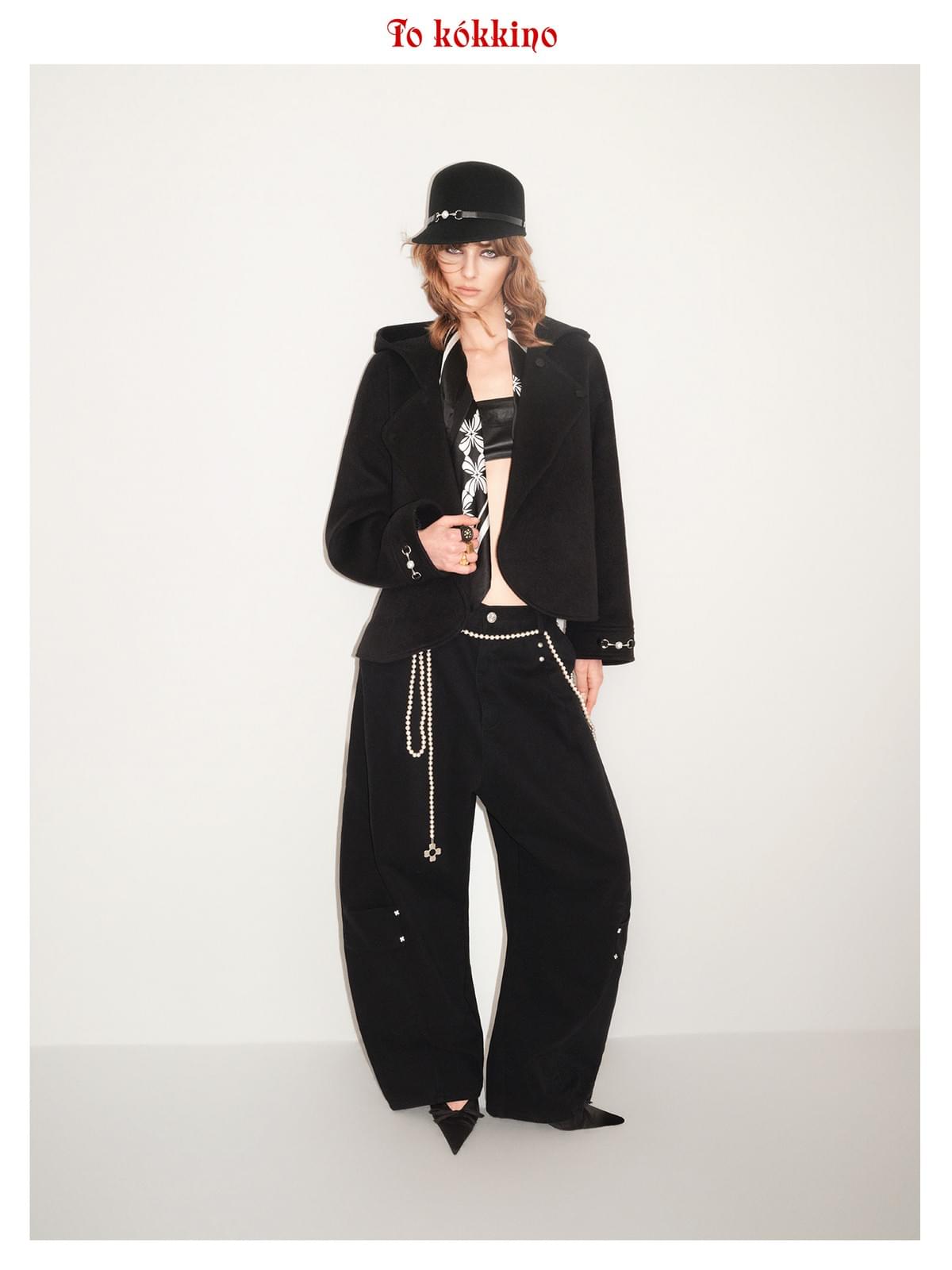tokokkino*「Black Studs」 Black Stud Hand-stitched Cropped Kick Flare Pants