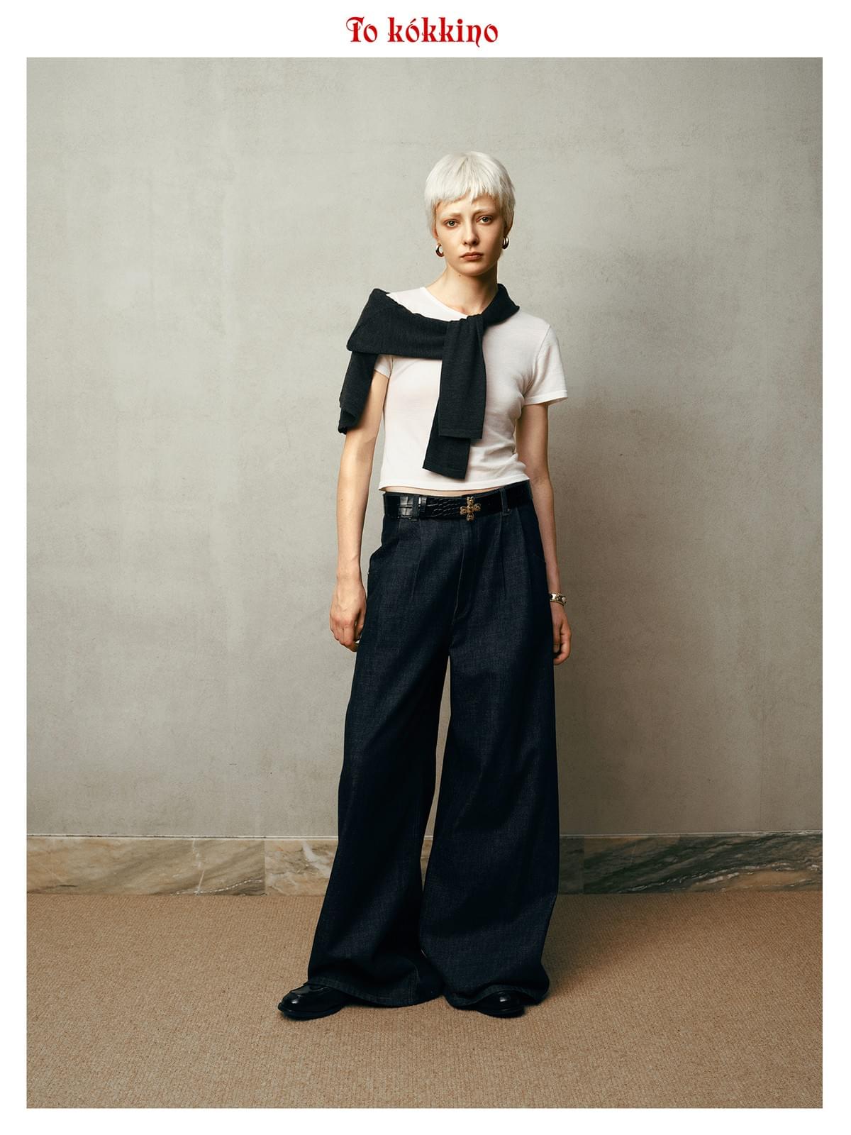 tokokkino* Mid-Rise Pleated Loose Dark Straight Leg Pants
