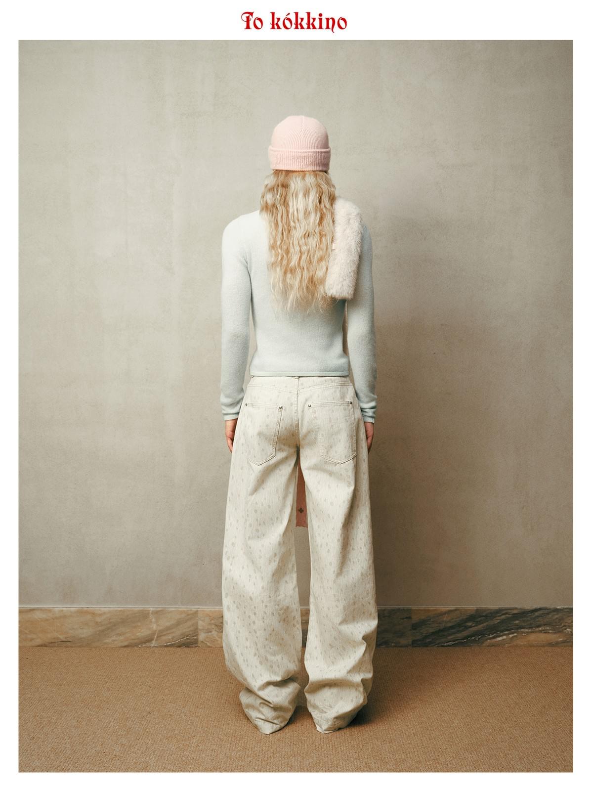 tokokkino* White Plum Blossom Deer Low-Rise Jeans