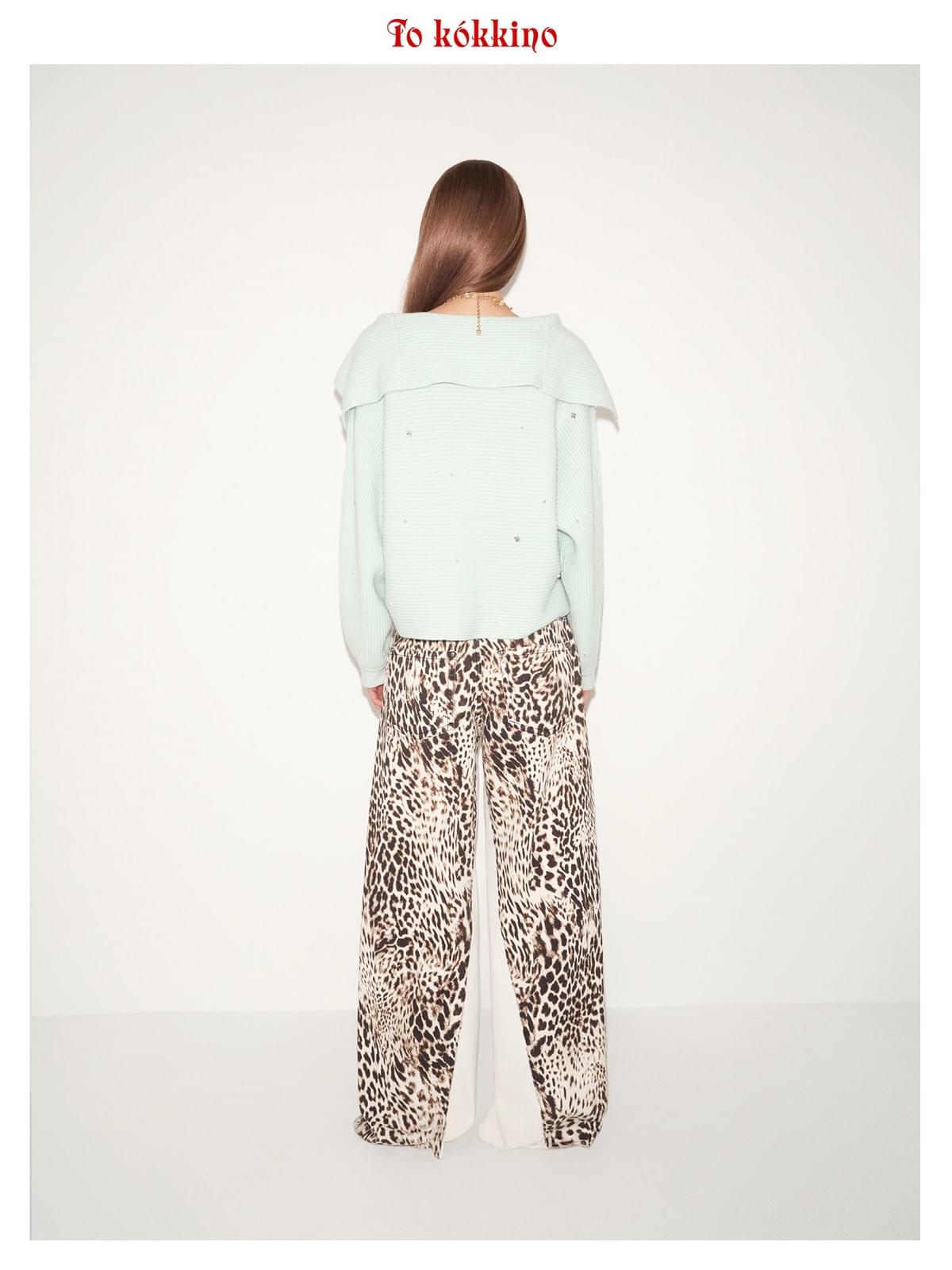 tokokkino*「White Leopard」 Leopard Print Patchwork Straight-leg Pants