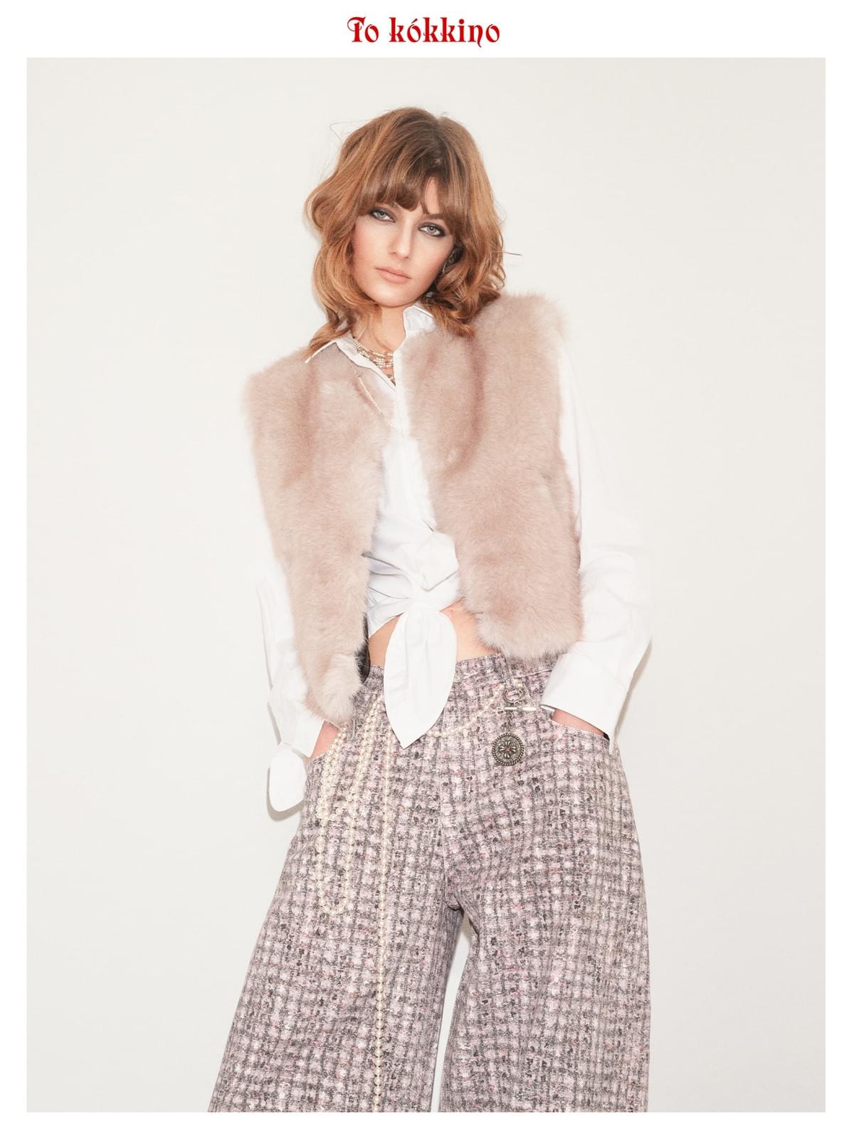 tokokkino*「Soft Check」 Grey-Pink Plaid Low-Waisted Straight-Leg Pants