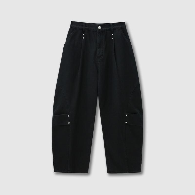 tokokkino*「Black Studs」 Black Stud Hand-stitched Cropped Kick Flare Pants