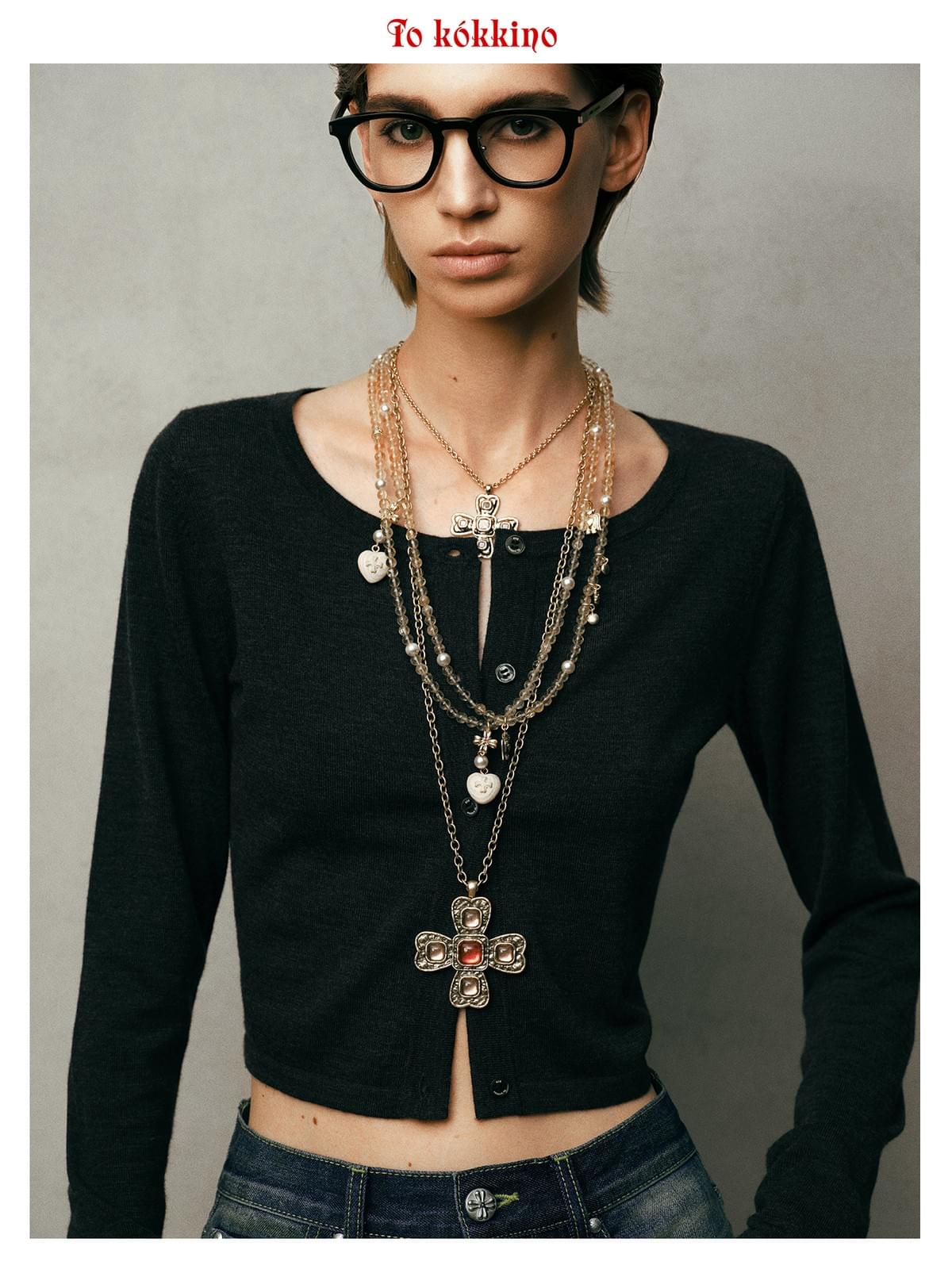 tokokkino* Champagne Gold Classic Four-Sided Bowknot Cat's Eye Crystal Necklace