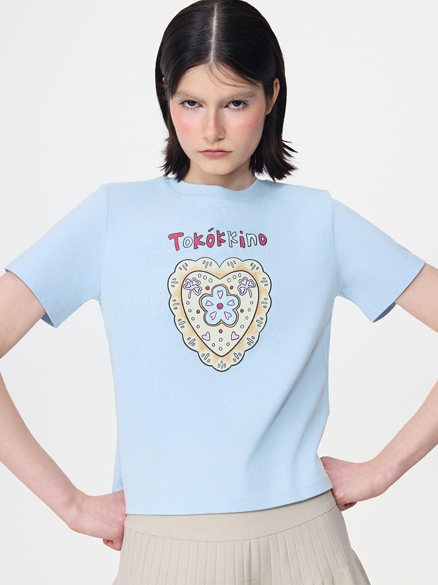 TOKOKKINO* Blue Love Heart Printed Short-Sleeved Shirt
