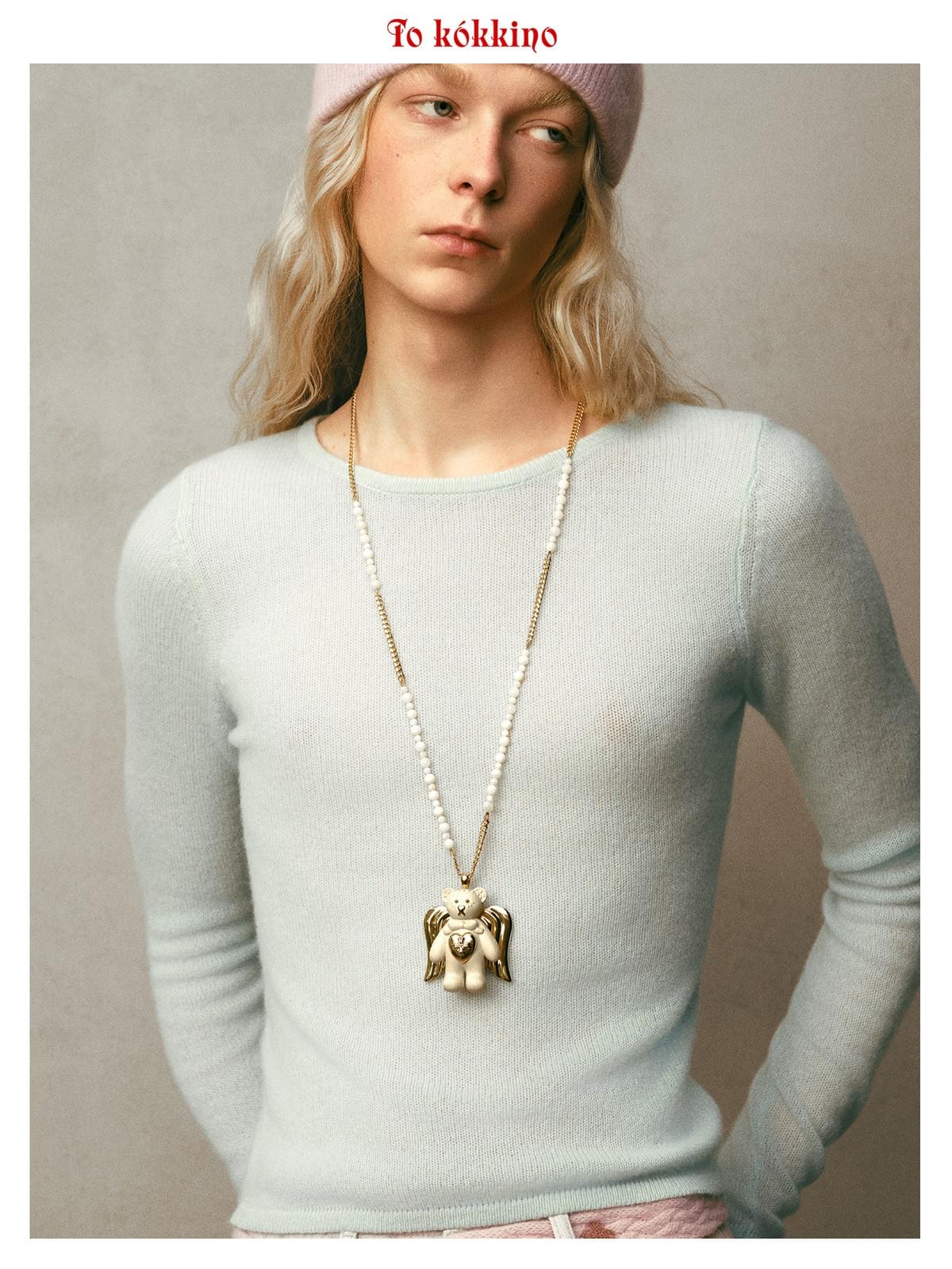 tokokkino* Wooden Angel Pearl Bear Necklace