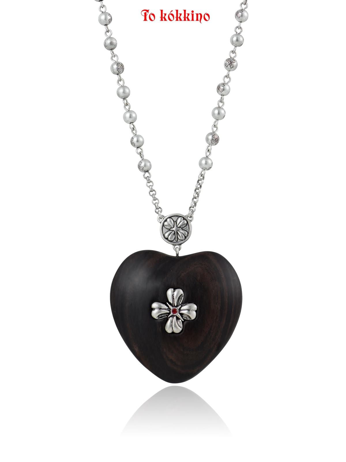 黑檀木烧银爱心项链Necklace